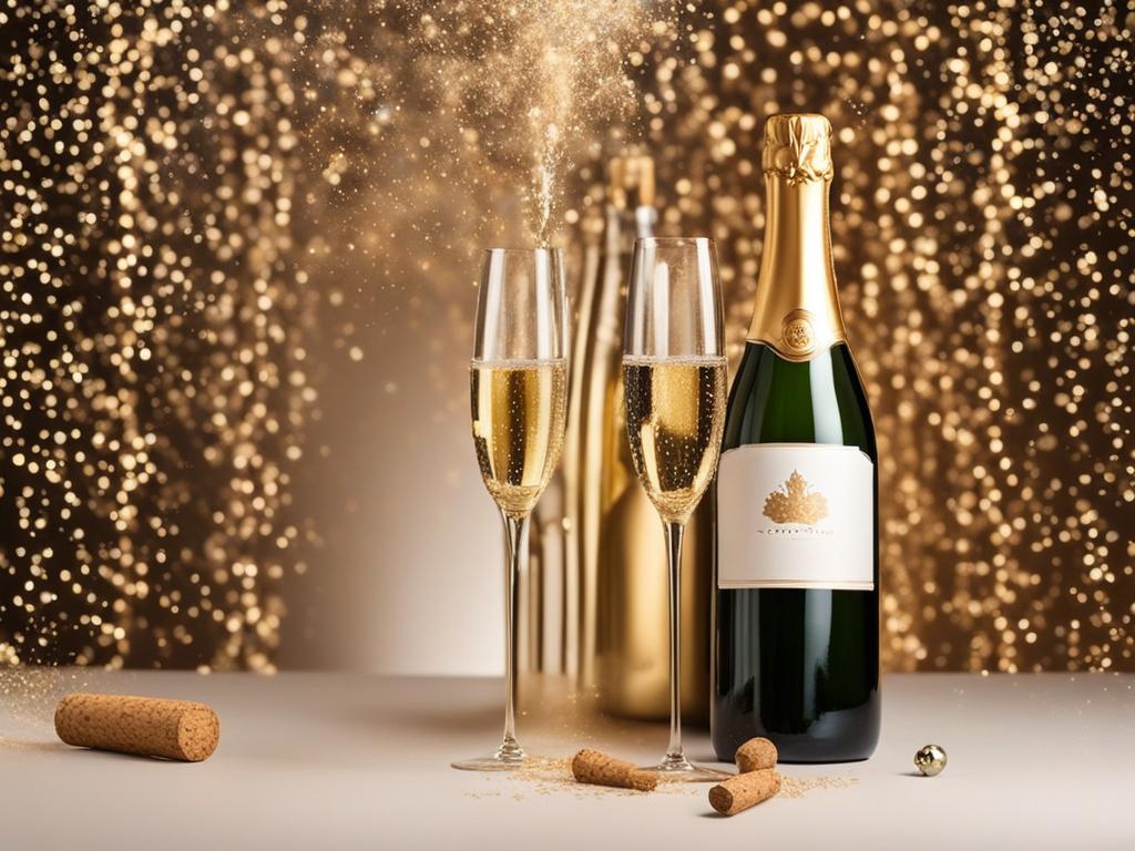 Descorche de una botella de Champagne con fondo festivo
