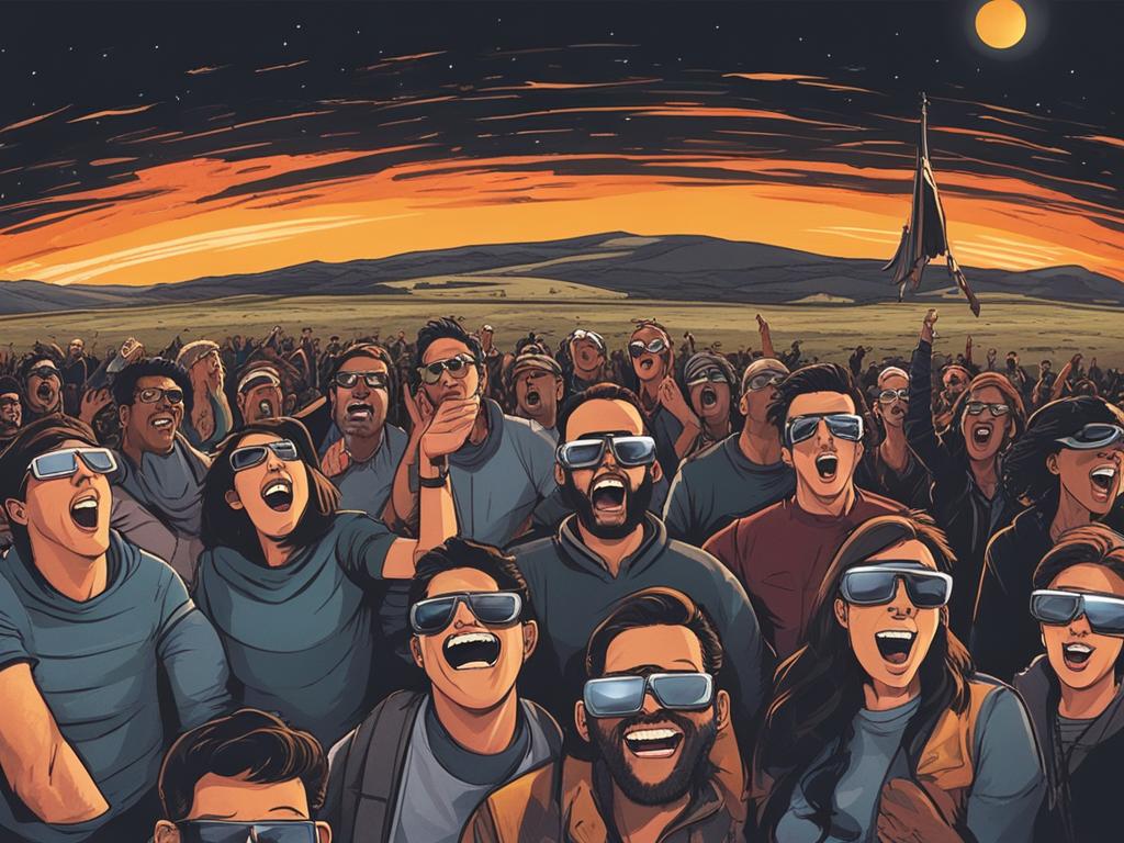 Multitud observando eclipse solar con emoción