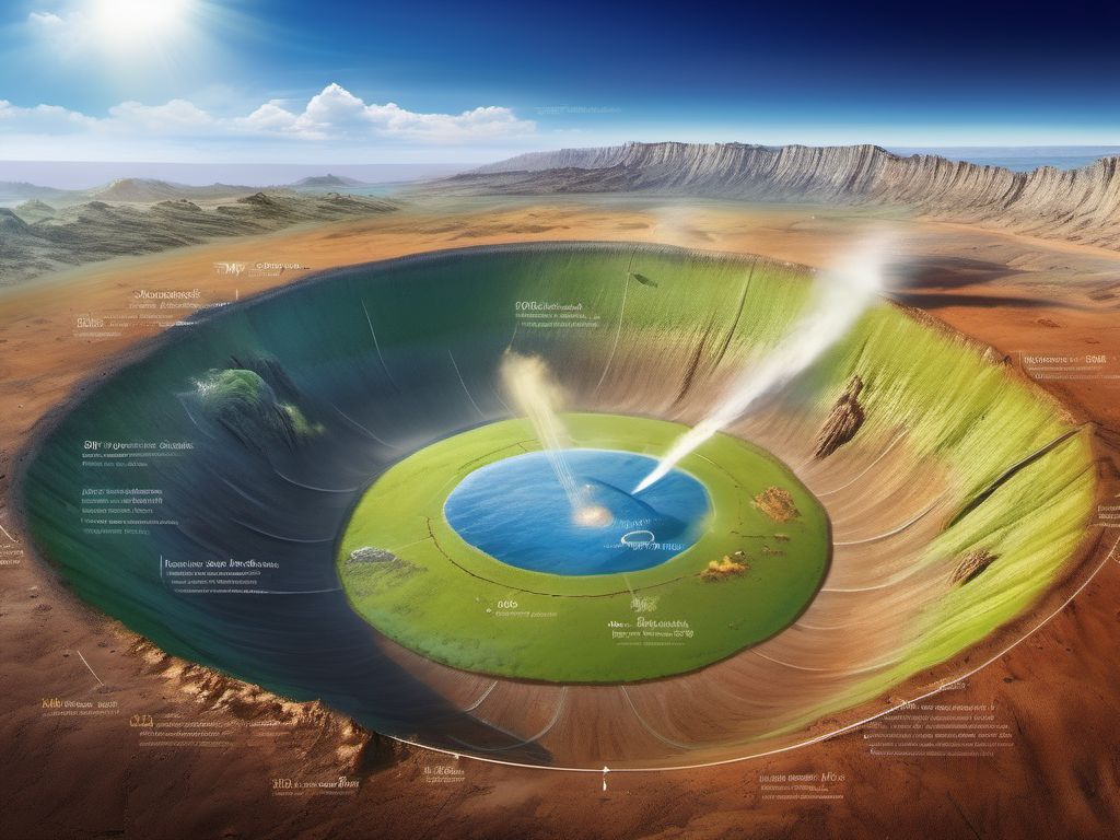 Representación de un Cráter y su Impacto en la Biodiversidad a lo Largo del Tiempo